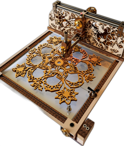 laser engraver machine with laser glass and wood in the style of intricate steampunk and snowflake design in the style of [Steve Hanks](https://goo.gl/search?artist%20Steve%20Hanks) on a black background