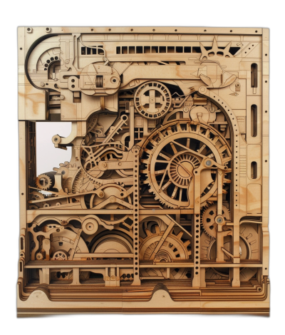 laser cut multi-layer steampunk machine made of plywood with a black background, featuring many layers. The design is in the style of steampunk.