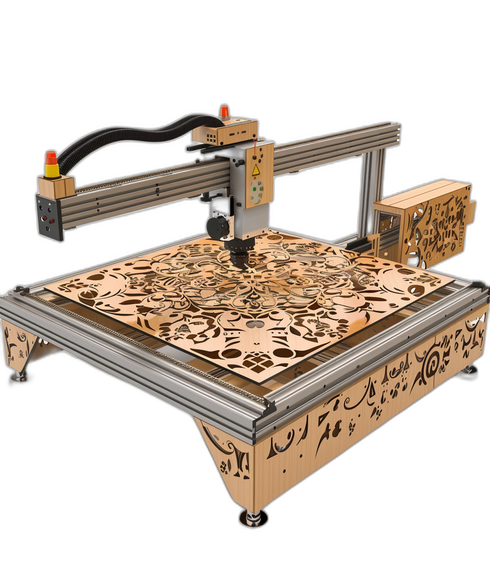 A large laser engraving machine had an engraved pattern on its tabletop, which was made of wood and metal materials. The top view had a black background. It had Arabic calligraphy patterns in the style of calligraphic art. There was no text or logo on it. A three-dimensional rendering effect gave a sense of technology, and there was a touch screen. In front stood another small CNC machine for making wooden products. On one side there was a box full of glass parts, on which lay an intricate floral design in the style of botanical art.