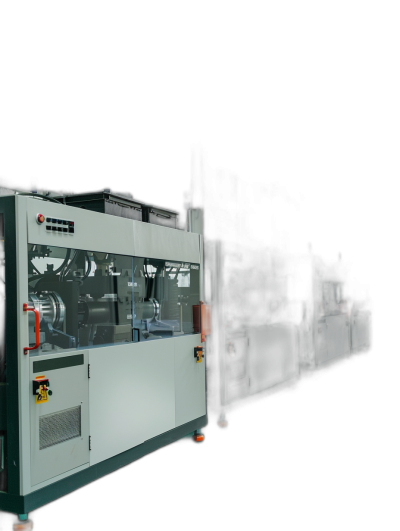 A side view of the production line, with an electronic panel and glass windows on one wall, showcasing advanced technology for making plastic products. The background is a dark black, highlighting the lighting effects of the machinery. High resolution, high quality, and detailed in a professional photographic style.