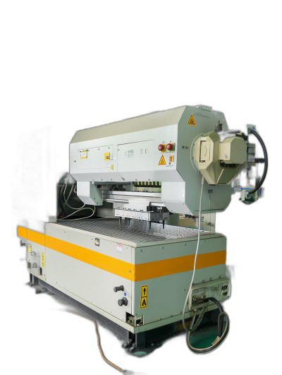 A photo of the side view of an industrial flat sheet metal bending machine with white and yellow color accents on a black background in isolation. The machine is shown in the style of industrial machinery with functional colors and without other elements that could provide context.