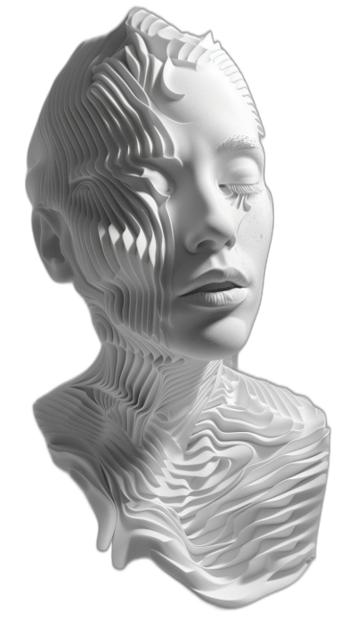 White sculpture of a young woman's head with many lines and shapes carved into it, with a 3D printed texture, on a black background, in a hyper realistic photographic style.