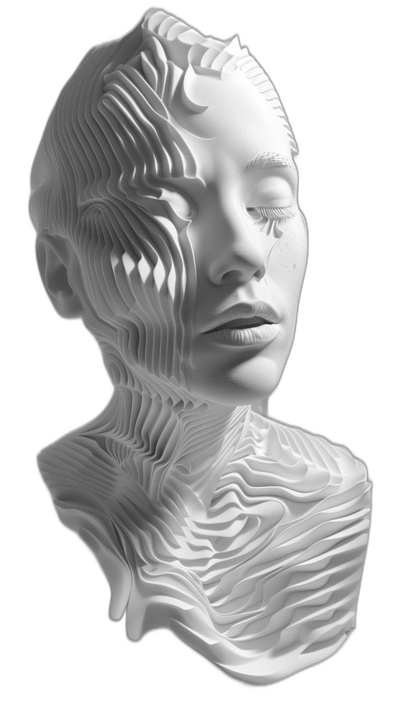 White sculpture of a young woman’s head with many lines and shapes carved into it, with a 3D printed texture, on a black background, in a hyper realistic photographic style.