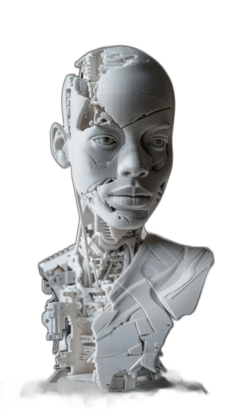 A white paper sculpture of an African American boy with mechanical parts, in the style of cyberpunk, black background, front view, detailed and intricate design, 3D printed artwork, studio lighting, high resolution photography.