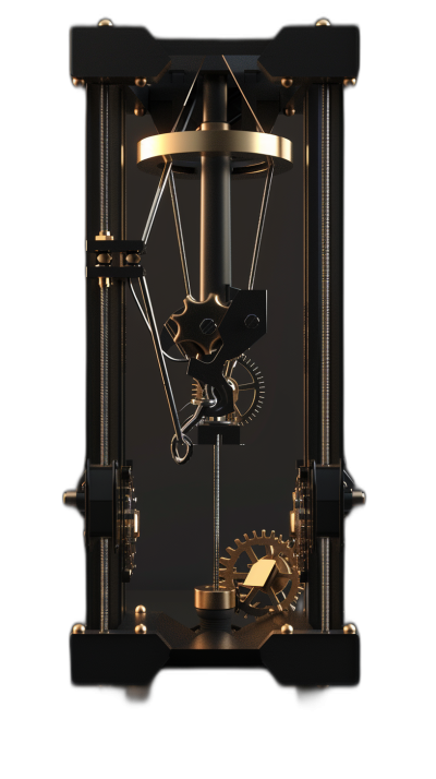 3d render of minimalist clockwork machine, black background, gold and silver accents