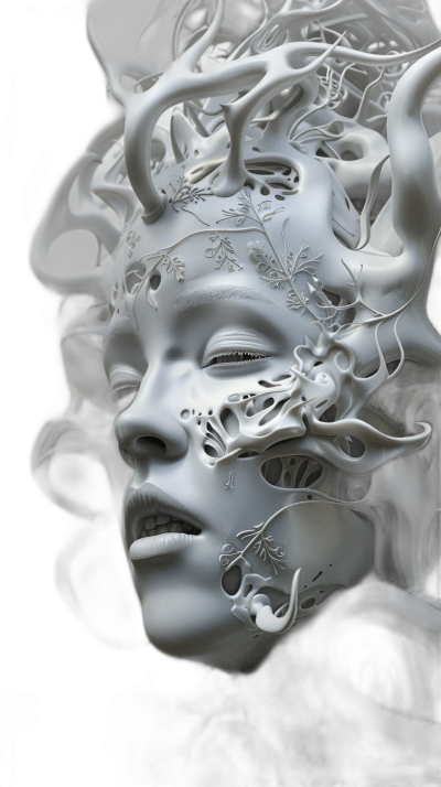 A face made of smoke, intricately designed with delicate floral patterns and ethereal vines., hyperrealistic sculpture style, dark white and light gray, low resolution, surrealism