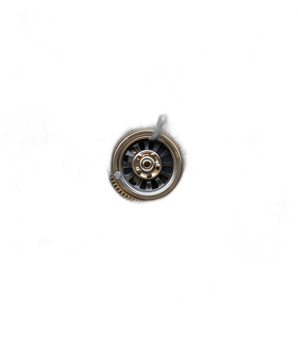 Overhead photo of a minimalist Steampunk style object, focused on one simple item, set against an all-black background. The subject is illuminated with soft lighting to highlight its features and textures. There are no other elements in the frame except for that single item.