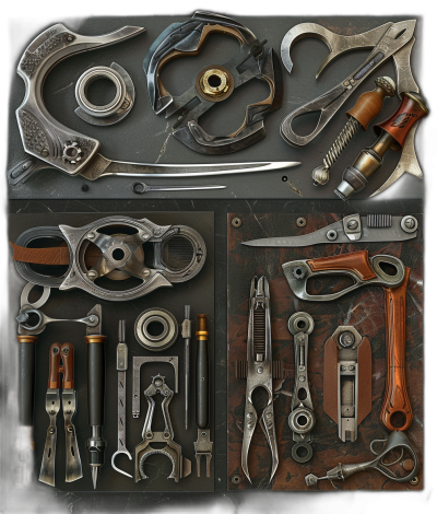 A set of various tools, including pliers and bearings, are displayed in the picture. The background color should be a dark gray to emphasize these objects. There will also be some other items such as swords or futuristic weapons placed next to them. It is designed in the style of Steampunk Style. Realistic details with high resolution. Rendered in Octane render.