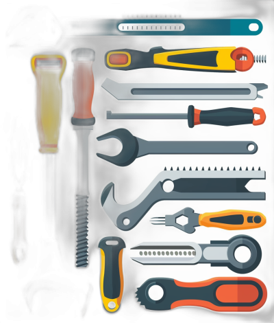 A vector graphic design of various tools, each with its own unique shape and color. The background is white with shadows cast by the tool's handle, creating an interesting contrast. Each tool has a distinct pattern on it that adds to their appearance. This flat illustration could be used for different applications like game graphics or as clipart.