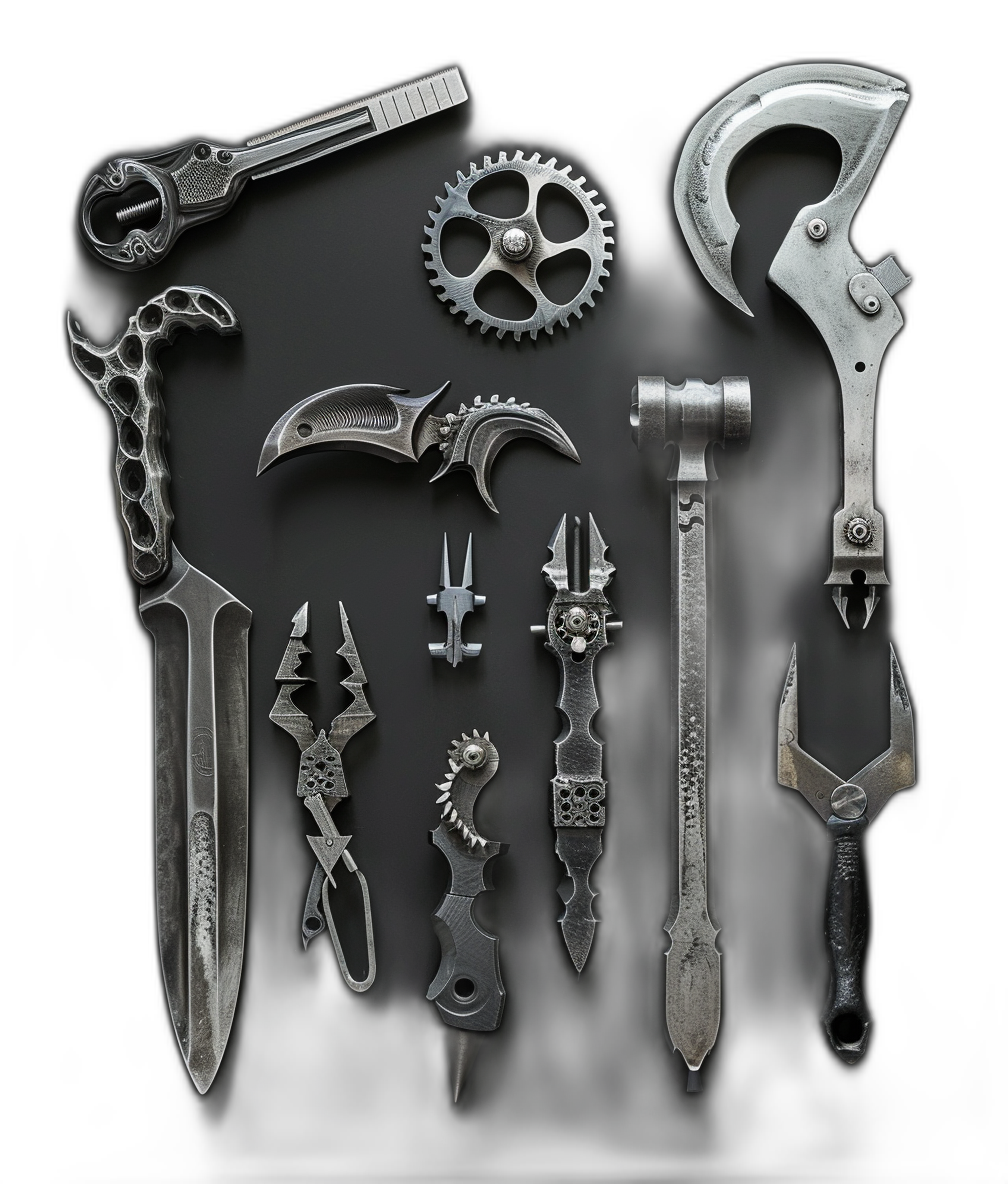 a set of fantasy weapons made from metal, with various shapes and styles, on black background, knolling layout, top view, hyper realistic photography