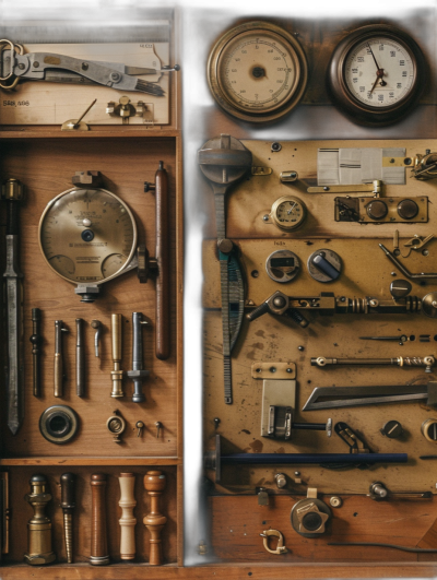 A detailed photo of an old wooden cabinet filled with various vintage tools and instruments, including an empty round display case at the top center, a clock on one side, brass gears and levers in between tool bolts and wood strips. The scene is bathed in warm sepia tones reminiscent of classic photography, evoking nostalgia for scientific curiosity of a bygone era in the style of vintage photography.