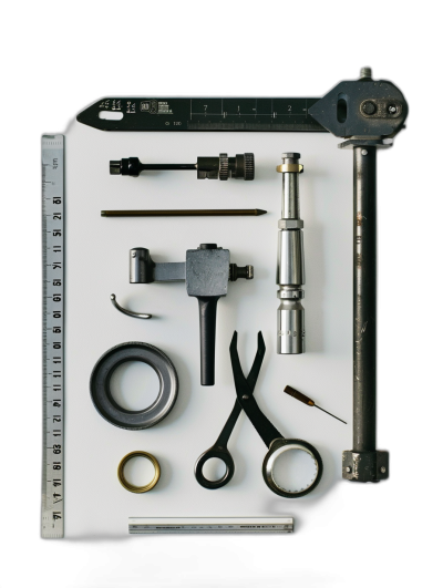 Photograph of tools and measuring instruments arranged on a white background, including a scissor with a metal ring, a ruler with a metal bolt and nut, a small round rubber bar. The photograph has a high resolution and is in the style of a black background.