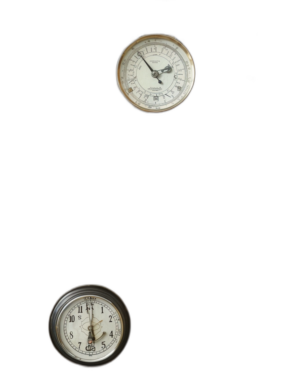 An old vintage clock and barometer floating in the air on a black background, with no perspective, in a flat lay, in the style of studio photography, shown from the front view.