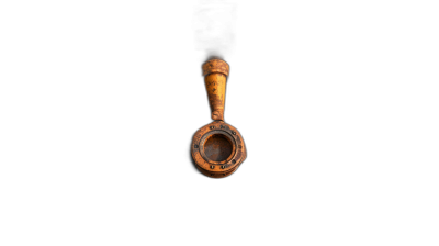 Photo of A vintage pipe designed for playing the bag惑, suspended in midair on black background. Web banner with copyspace on left side