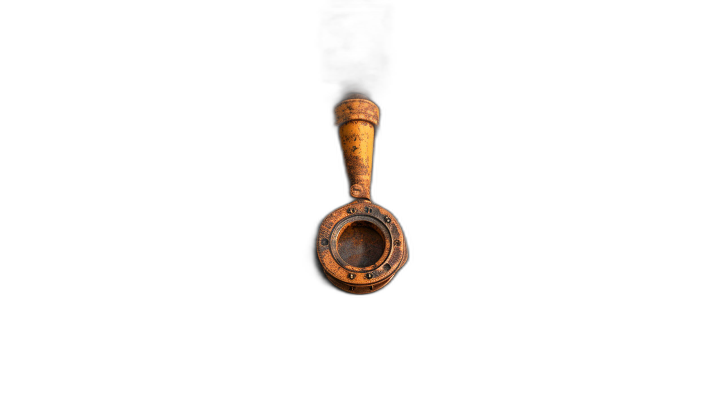 Photo of A vintage pipe designed for playing the bag惑, suspended in midair on black background. Web banner with copyspace on left side