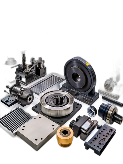 A collection of machine tool parts and accessories, including a motor concentric clearing device for a ball nut motor drive, an aluminum paved display table top, metal materials, a white background with a black border, studio lighting, high resolution photography with high detail and quality, professional color grading with sharp focus and high contrast in an HDR style.