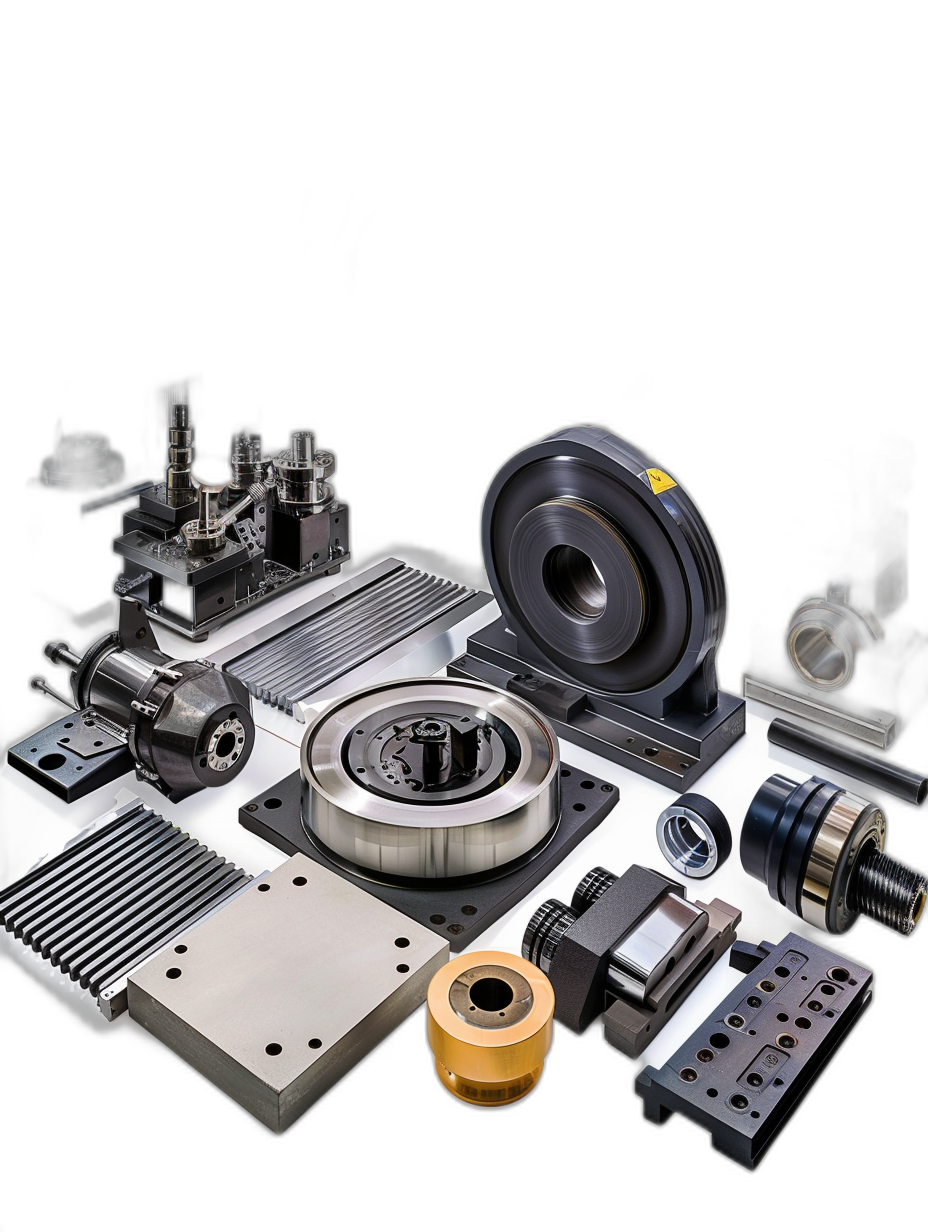 A collection of machine tool parts and accessories, including a motor concentric clearing device for a ball nut motor drive, an aluminum paved display table top, metal materials, a white background with a black border, studio lighting, high resolution photography with high detail and quality, professional color grading with sharp focus and high contrast in an HDR style.