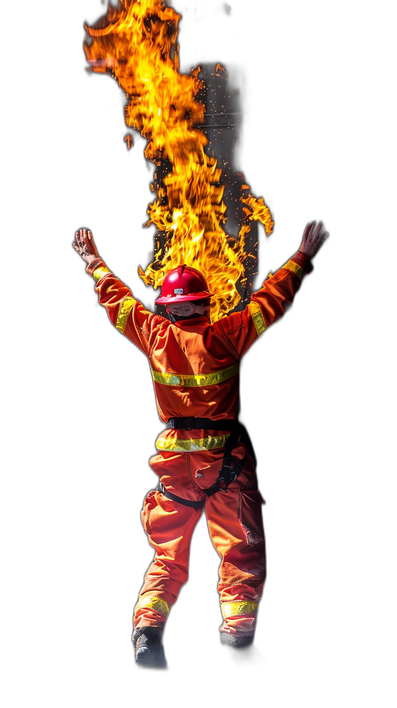 Firefighter in action pose with arms raised up, flames coming out of his helmet on black background, full body shot, photorealistic, high resolution photography, insanely detailed, fine details, isolated plain, stock photo quality