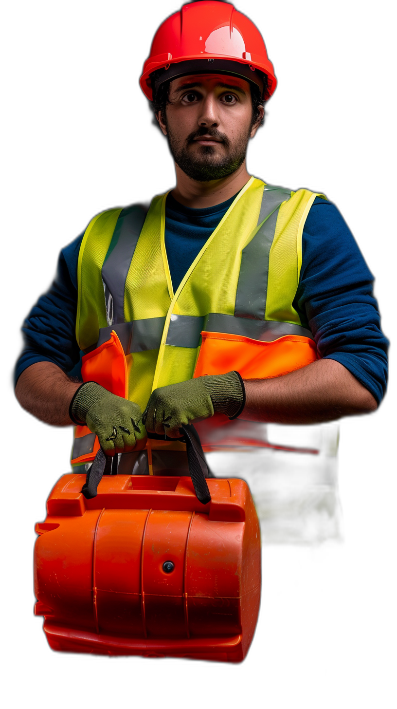 photo of an attractive middle eastern construction worker, wearing high vis vest and hard hat with orange safety gloves holding large red plastic tool box in front on black background, looking at camera, stock photo, shot from the side