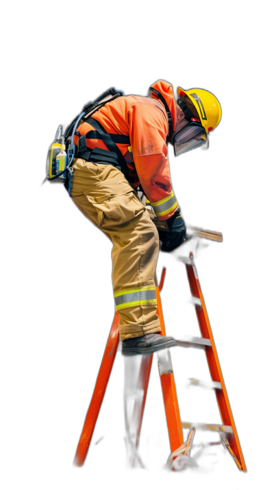 A firefighter is climbing up an orange ladder against a black background, wearing full gear and a helmet with high visibility lighting around his shoulders. It is a full body shot with high resolution photography showing insanely detailed fine details, isolated on a solid color studio backdrop with stock photo quality. The image is in the style of high resolution photography.