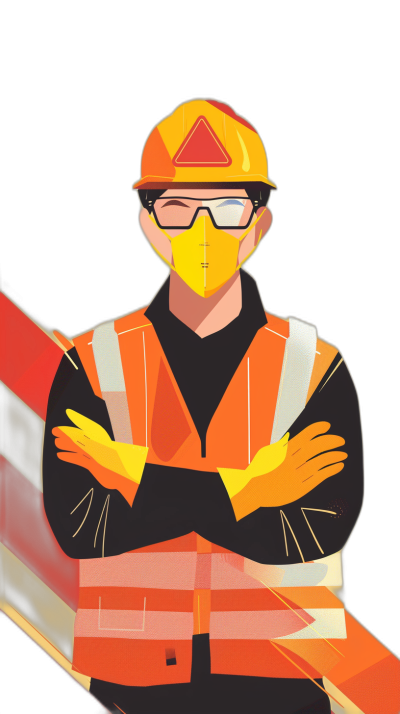 A worker in safety gear stands confidently with their arms crossed, wearing an orange vest and yellow helmet on a black background. The flat illustration style is a vector design, with red stripes on the side of their . They wear glasses and have a white mask covering half of their face. The scene is bright and vibrant, capturing a sense of energy and vitality as they work at a construction site. The style is in the style of a flat vector illustration.