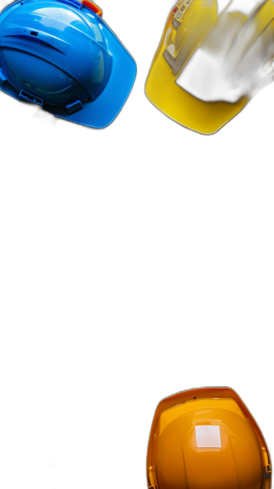 photo of construction helmet on black background, blue and yellow helmets floating in the air, copy space for text at top right corner, high resolution photography