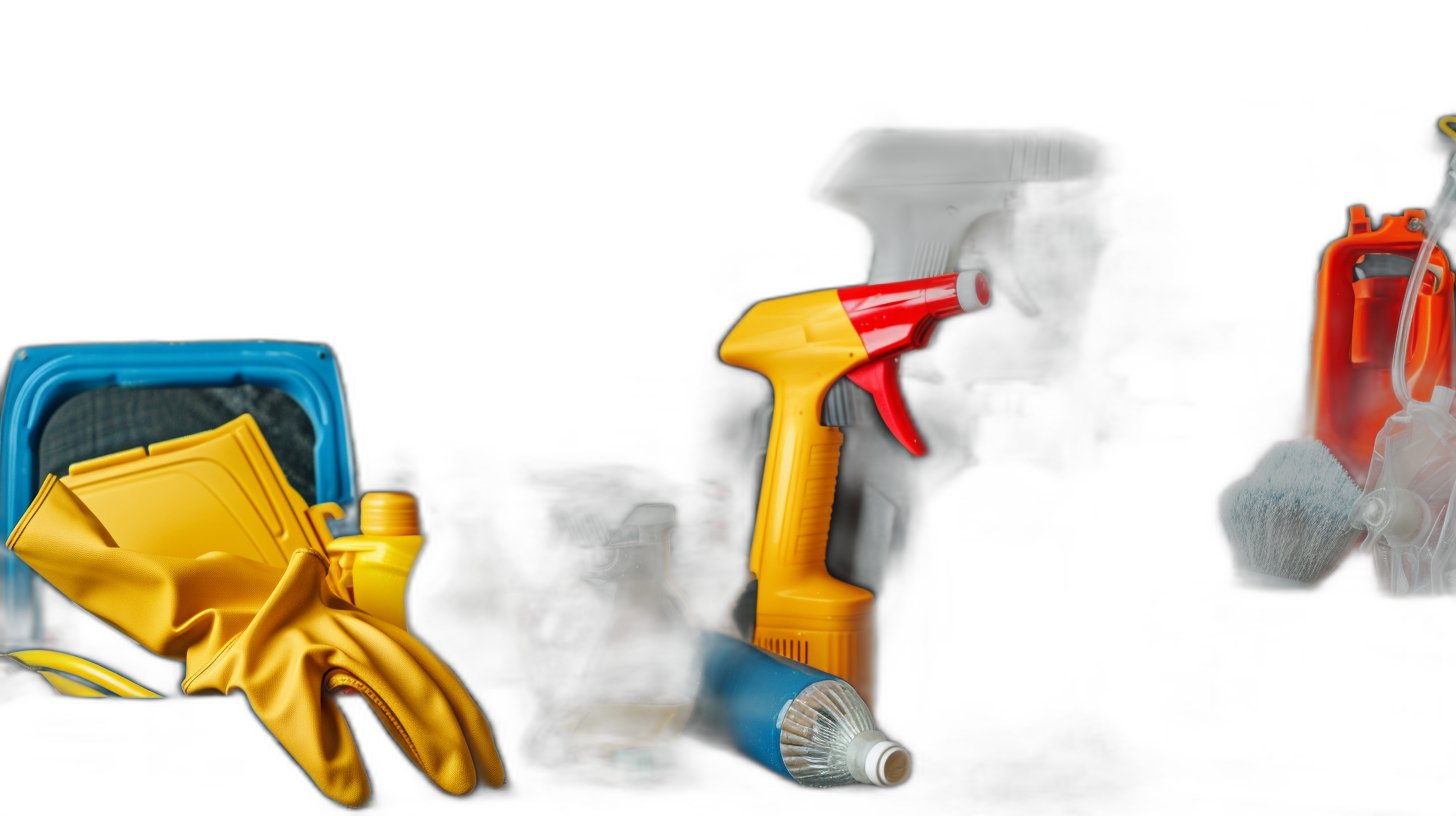 A stock photo of cleaning supplies against a black background. The focus is on the various types and sizes, including spray bottles with wands, sponges, cloths, etc., with one small blue plastic box containing several rubber gloves in the front.