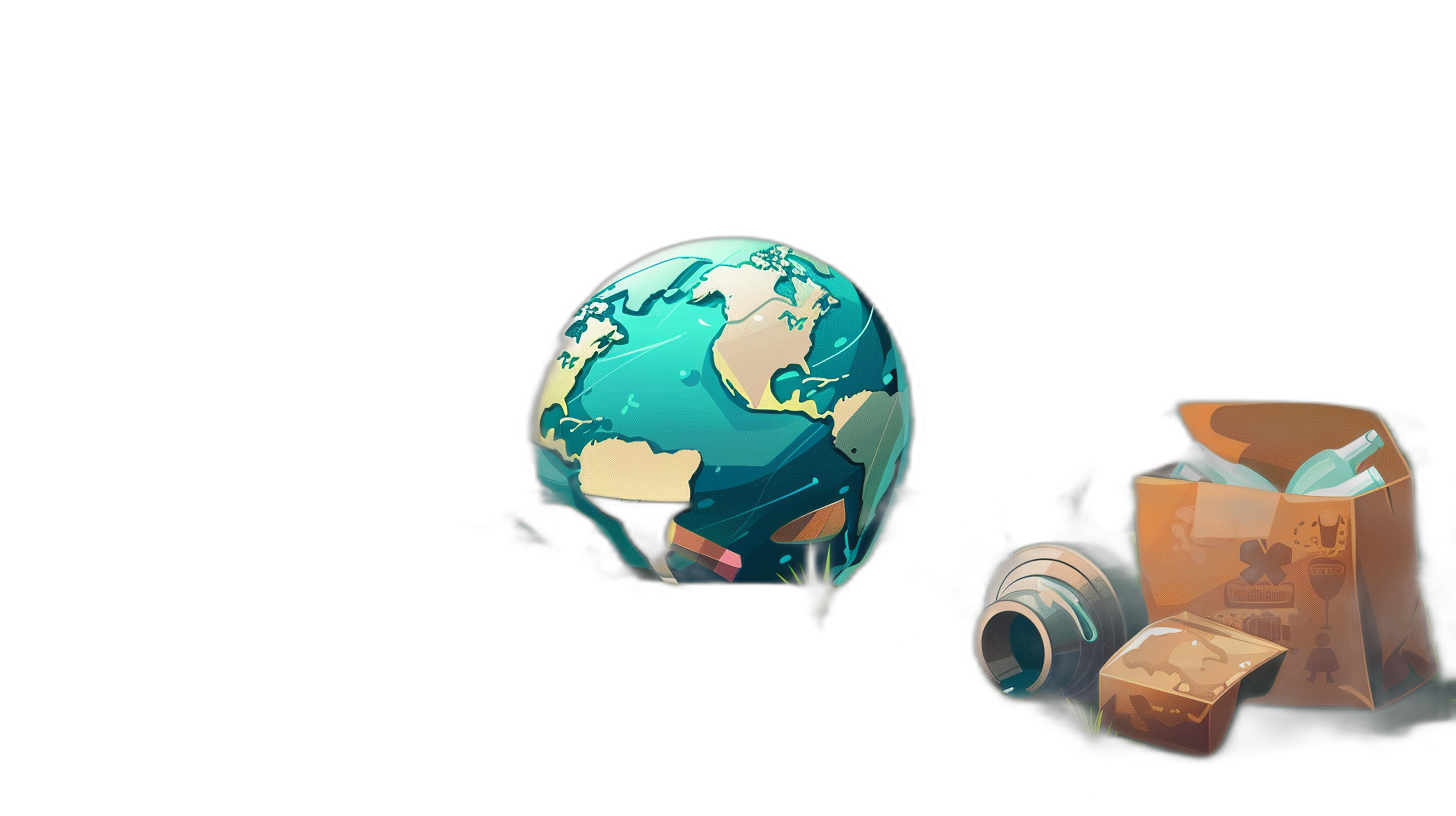 A simple cartoon of the Earth with various trash and cardboard boxes next to it, against a black background, in the style of a game icon.