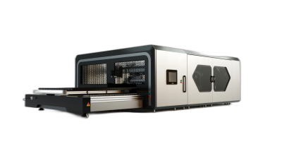 A side view of an industrial laser cut machine with a black background. The front panel is made from aluminum profile and glass sheet, with a white, matte surface material. A 3D rendering at a 45 degree angle with studio lighting, high resolution photography, high detail, high quality, and high sharpness to appear hyperrealistic.