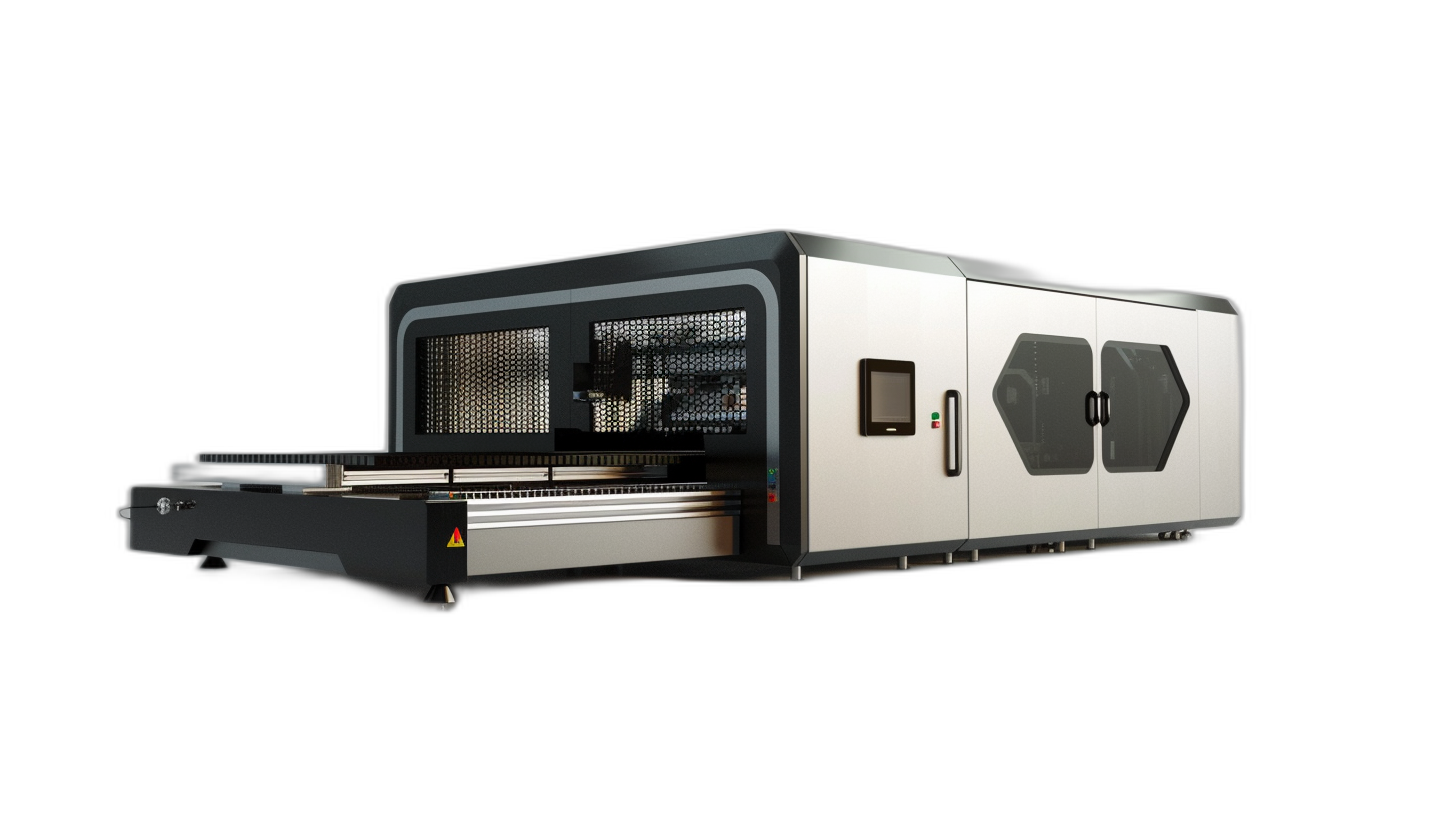 A side view of an industrial laser cut machine with a black background. The front panel is made from aluminum profile and glass sheet, with a white, matte surface material. A 3D rendering at a 45 degree angle with studio lighting, high resolution photography, high detail, high quality, and high sharpness to appear hyperrealistic.