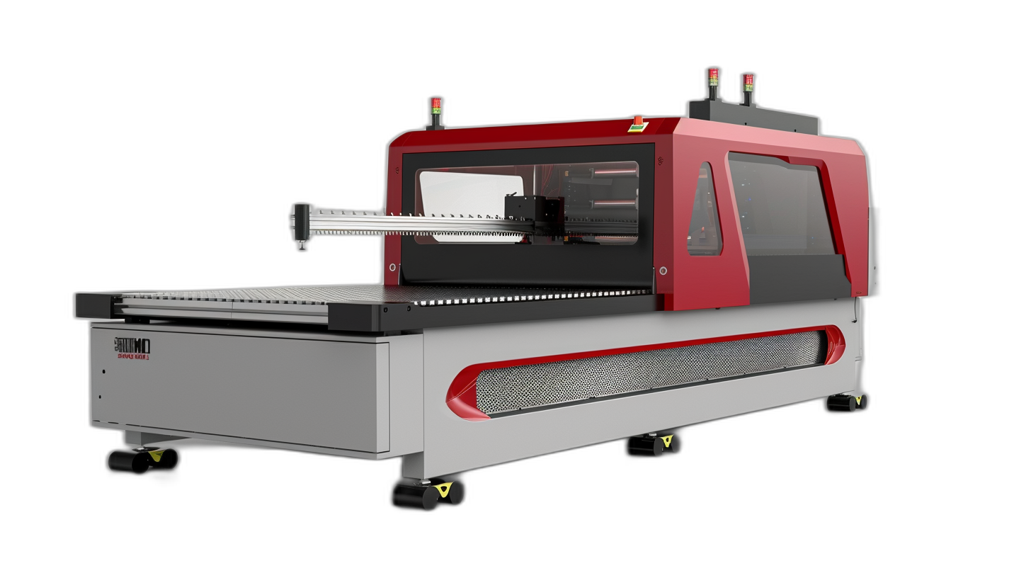 High end industrial laser fusion machine with high precision and good quality, simple design, red metal color body with white background, side view, black background, 3D rendering, high resolution