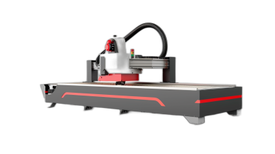 A cnc machine with red accents on the side, black background, product photography, studio lighting, high resolution photography, hyper realistic, hyper detailed