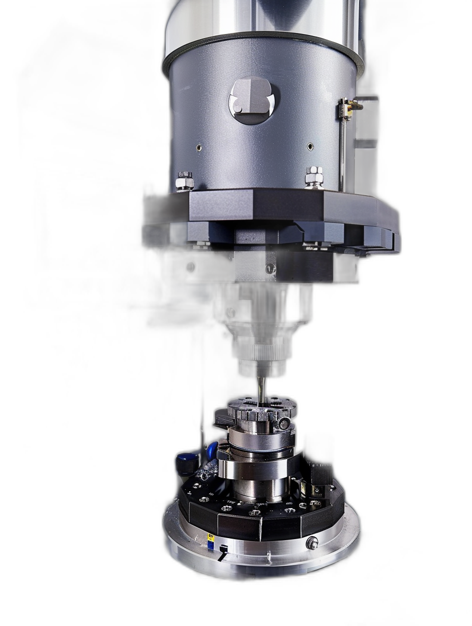 Photo of an isolated vertical CNC mill on a black background, with a circular table and a part inside the cam, closeup, minimalist, modern style, high resolution. The photo is in the style of Buddy.