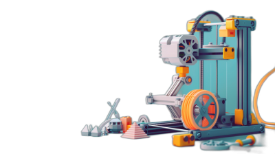 A simple cartoonish 3D rendering of an industrial machine printing with blue, teal and orange colors on a black background. The focus is centered around the machinery's structure. There is a small amount of construction equipment in front of it. In between them there are various objects being printed in the style of the machine, such as wheels or cogs. A yellow cable leads from one side to another part of the scene where more building materials can be seen. It has a clean and minimalistic look.