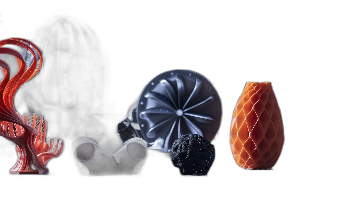 high definition photograph of five different shapes and sizes of 3D printed objects on a black background, one is made from translucent material with an orange color, two others are in dark grey and white and the last three are made out of plastic and have intricate designs and patterns, shot in the style of sony alpha fujifilm xt4, product photography, high resolution image, hyperrealistic image, focus stacking