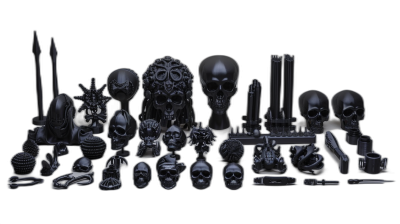 3D printed collection of dark metal objects, skulls and weapons, on a solid background, with high resolution, high quality, and high detail, in the style of black metal artists.