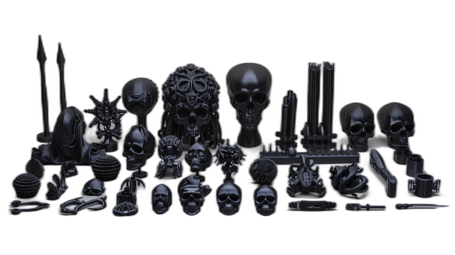 3D printed collection of dark metal objects, skulls and weapons, on a solid background, with high resolution, high quality, and high detail, in the style of black metal artists.