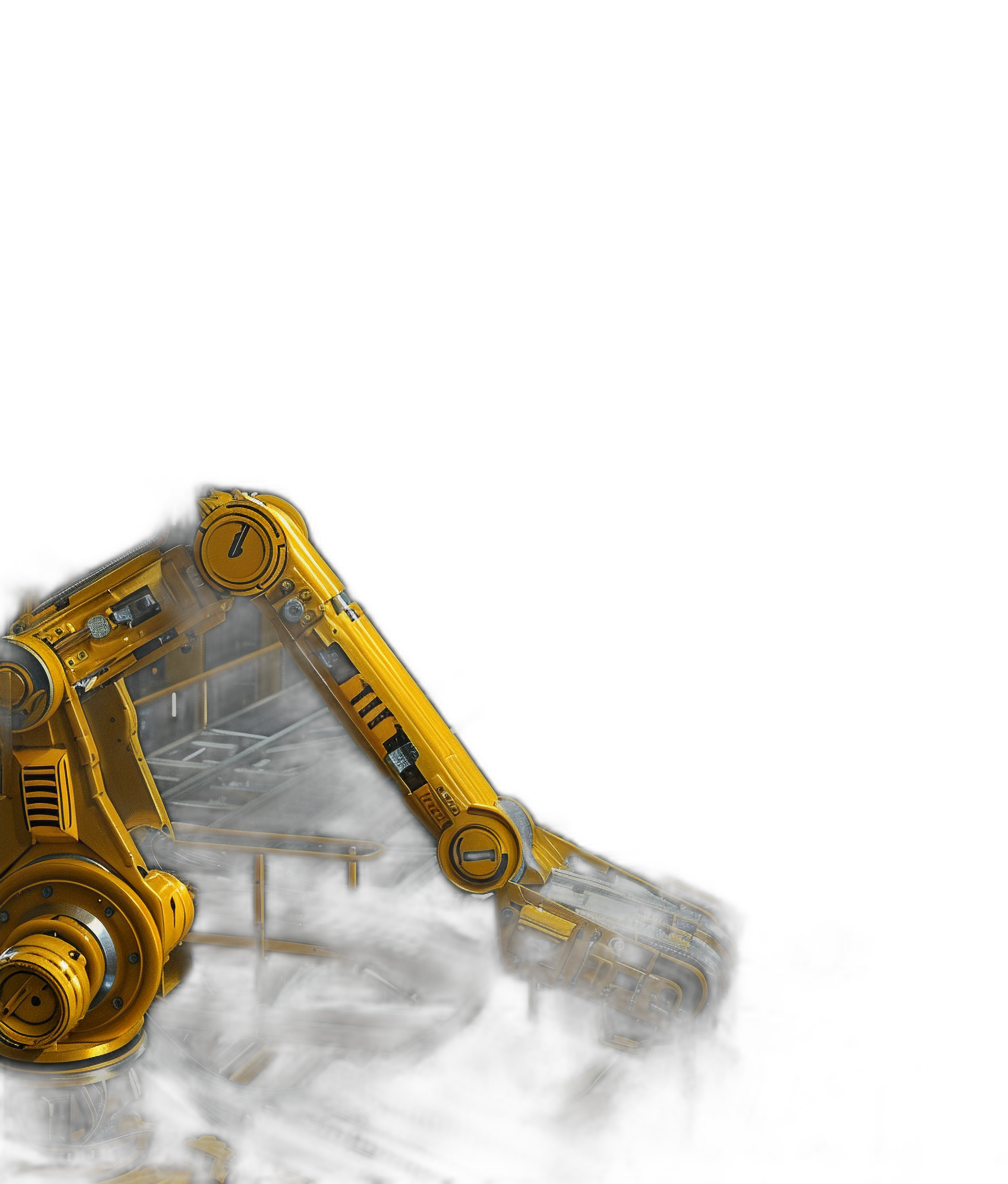 yellow and black background with an industrial robot arm on the right side, hyper realistic in the style of 3d render, high resolution photography, insanely detailed, professional color grading, soft shadows, clean sharp focus, digital photography, cinematic lighting