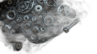 A dark background with various mechanical parts and gears scattered around, creating an industrial atmosphere. The focus is on the intricate details of each part, showcasing their metal textures against the black backdrop. This visual representation captures the essence of modern engineering in the style of commercial photography.