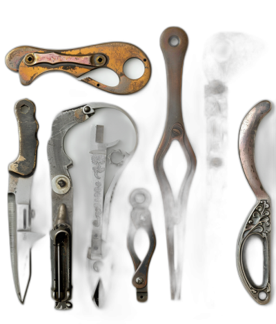 A variety of vintage medical tools, including an amputating saw and pliers, arranged on a black background. The objects have aged textures with rusted edges and intricate designs. High resolution, realistic photography in the style of vintage medical tools.