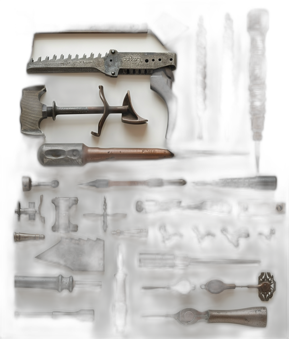 A grid of various medieval tools against a dark background in the style of photorealistic artwork.