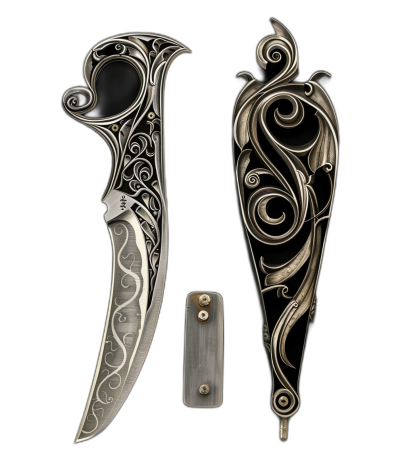 concept art of an intricately engraved knife with a scrollwork design, showing a front view and side view, on a black background. The knife is engraved in the style of intricate scrollwork.