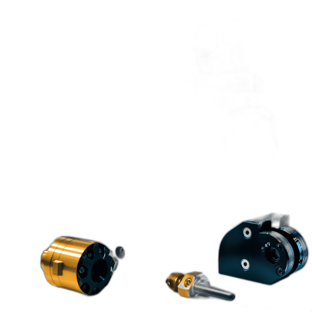 A photo of two small electric motor wheels on the right side and one larger motor wheel against a black background, one yellow motor blade and one gold motor blade, in a minimalistic style with a modern look, high resolution product photography with high contrast and sharp focus, professionally color graded with clean sharp focus, shot with a Hasselblad camera and depth of field blur.