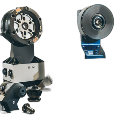 Product photography of an industrial table mounted lensing wheel for closeup and macro work, including three views on the left side with a black background. The machine has two circular wheels that move in all directions to store tools or materials such as glass and metal parts. There is also one blue disc labeled "VX950", which contains some disc type diamondcutting film. A white label hangs from its bottom.