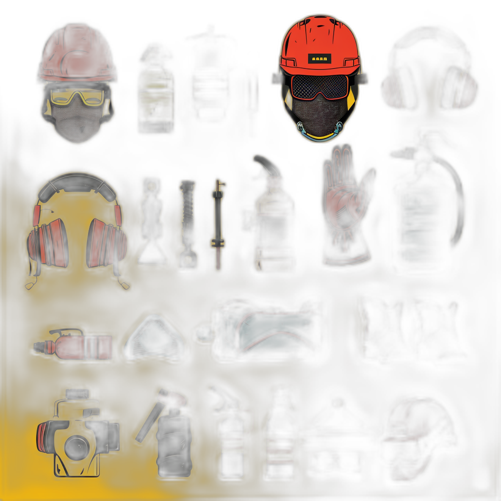 A sprite sheet of an icon for the game, icons showing different safety equipment like hard hats and ear muffs and face masks, fire extinguisher and other tools used in construction, yellow light from behind, dark background, red and black colors.