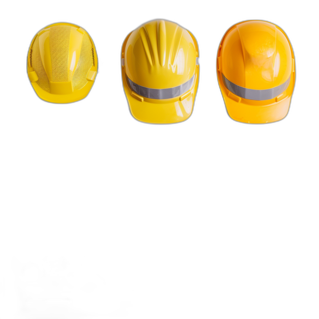 3 yellow construction helmets on a black background, depicting a copy space concept for engineer or worker safety protection and health in the workplace, with no text, no logo, and in the style of no signature.