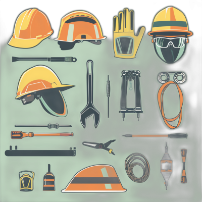 vector icons of safety equipment, helmet and gloves, goggles, tools in the style of Adobe Illustrator