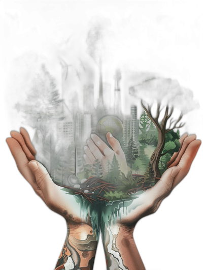 Two hands holding the earth, a tattoo design of a forest and cityscape inside the Earth, on a black background, with green trees and dark grey buildings, in the style of oil p Sikhim in the shape of a planet, in a tattoo art style, with dark colors and fantasy elements, as a high resolution 3D render.