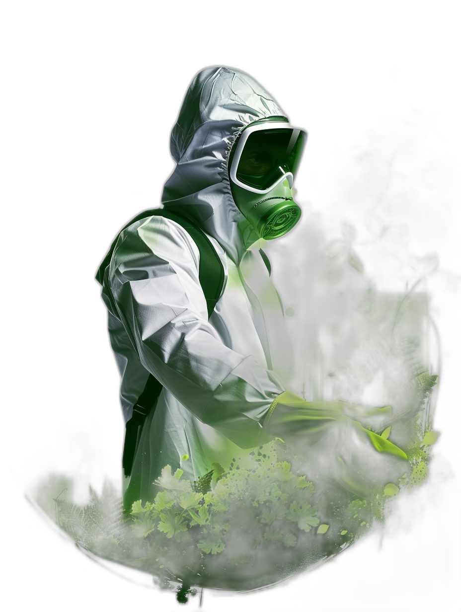 An illustration of a green chemical protection suit, white hood and mask with transparent glass in front, he is holding an air hammer, on a black background, with smoke around him, with plants coming out from his , green colored smoke and leaves floating around, in the style of vector art, a digital painting, high resolution, hyper realistic, high contrast, high detailed, high quality.