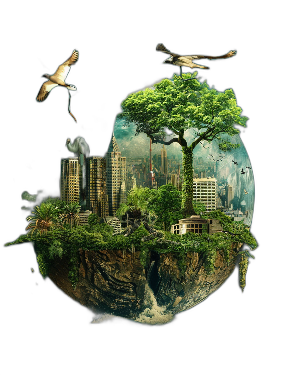 An island with green trees and buildings floating in the air, birds flying around it, against a black background, for a poster design. The planet Earth is half cut open to reveal its brown core inside, a large tree grows on top of an alien building, flying cars above the city, all on a dark background. High resolution, sharp focus, studio photography in a hyper realistic style.